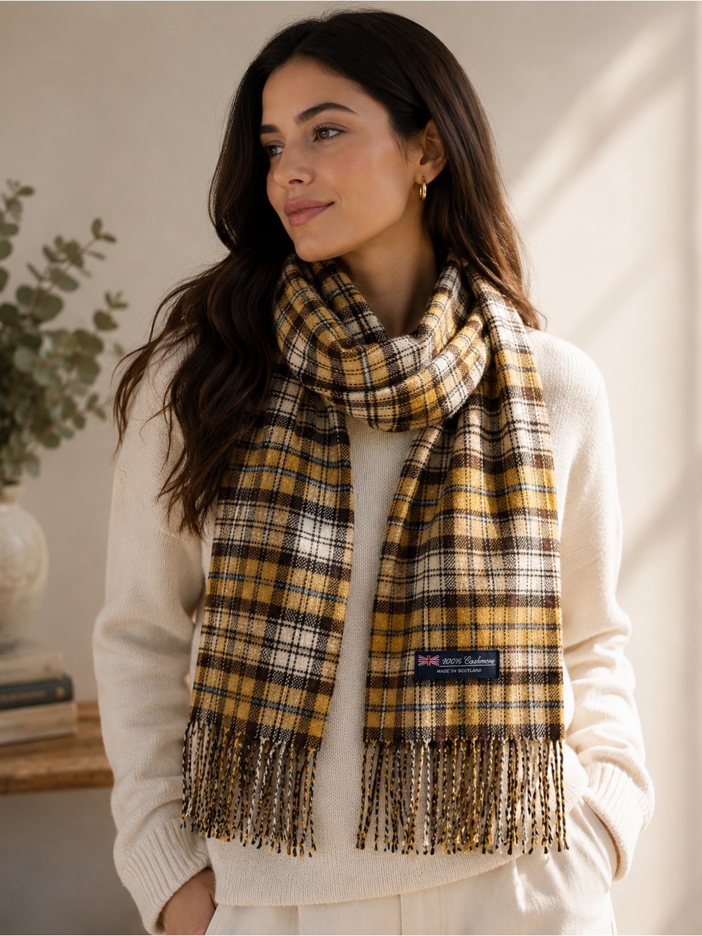 Made in Scotland 100% Cashmere Tartan Scarf Mustard Brown Plaid Fringe 63”